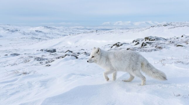 A white arctic fox walking on a snowy landscape, with rocky outcrops and a clear sky in the background.