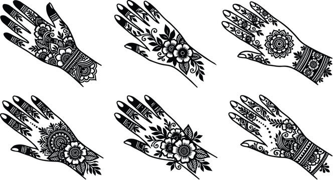 Henna hand pattern vector set with floral motifs and intricate line art