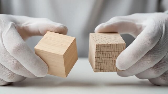 Close up of hands in white gloves holding and comparing smooth and textured wooden cubes in a studio.
