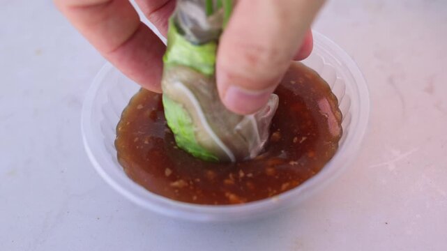 Fresh vietnamese spring roll with pork and vegetables wrapped in rice paper being dipped into a savory peanut hoisin sauce in a small bowl, showcasing a popular asian appetizer dish concept