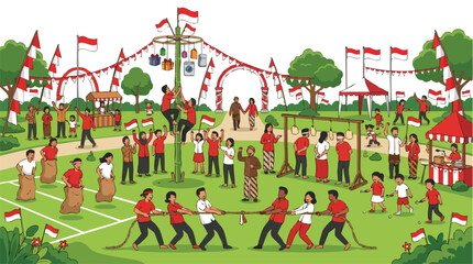 Fototapeta premium Illustration of people participating in a lively outdoor festival with a sack race on a green field