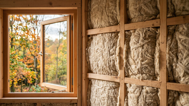 Natural Sheep Wool Insulation Installed Inside Sustainable Timber Frame Construction, Soft Autumn Light, Eco-Friendly Material and Green Building Detail