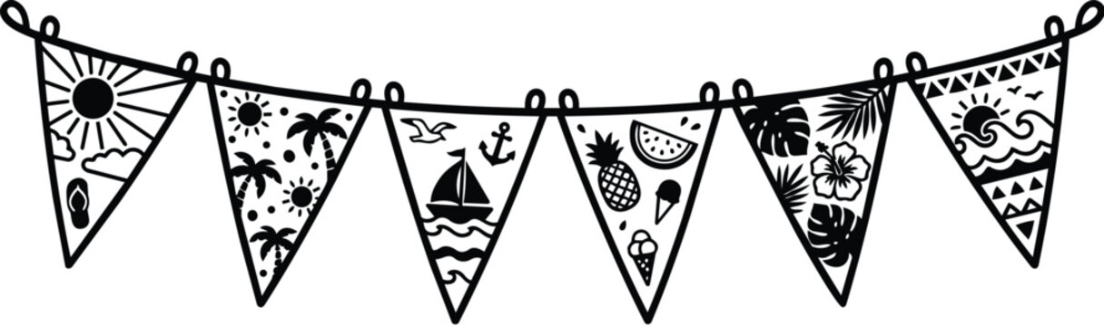 Decorative bunting banner with tropical silhouettes and geometric triangles for parties and celebrations