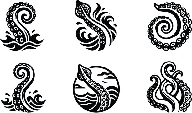Vector style octopus tentacle pattern art for logos circle badge monochrome isolated design