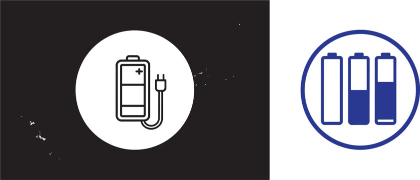 Battery charging icon with plug and battery level indicators showing empty half and full charge states for power management interface