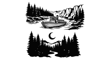 Fototapeta premium Vintage Boat on River, Forest & Moon Landscape Illustration