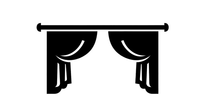 Minimal black silhouette icon, simple flat vector, bold black shape, no, no shading black silhouette of curtains on a rod on a, flat icon style