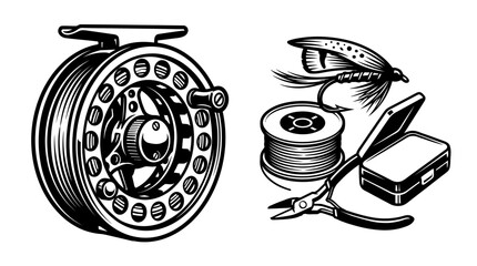 Vintage Fly Fishing Reel, Lure, Line, and Tools Illustration © MuhammadRafi