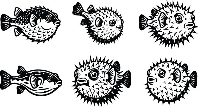 Pufferfish vector art set with stylized spiky fish silhouettes in black monochrome