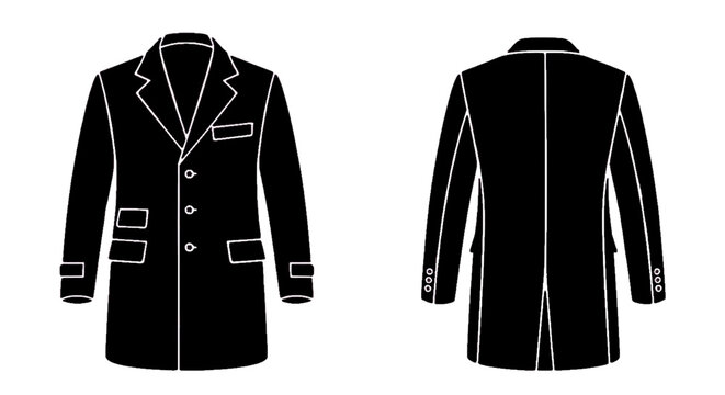 Minimal black silhouette icon, simple flat vector, bold black shape, no, no shading front and back view of a classic black mens overcoat on a, flat icon style