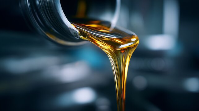 Close-up of motor oil pouring from container in workshop