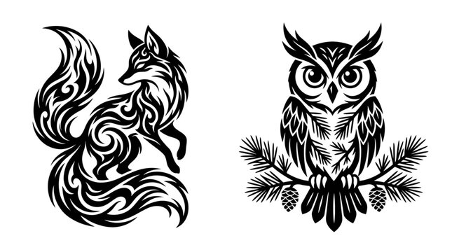Tribal Fox and Owl Vector Art | Black & White Silhouette Graphics