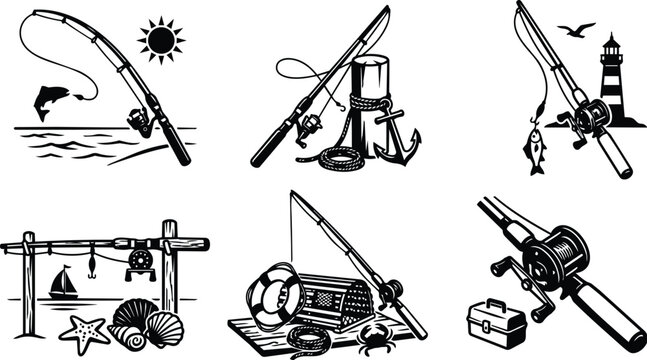 Beach fishing gear vector illustration with lighthouse and shoreline scenes monochrome black and white