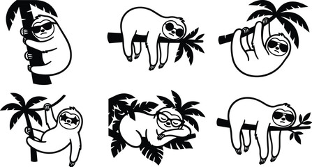 Fototapeta premium Sloth illustrations set of black and white vector hangings on trees