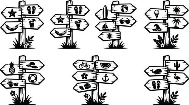 Set of black and white vector signpost icons for travel and summer theme