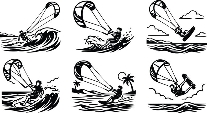 wakeboarders on parabolic kites in dynamic water action vector illustration making splashes across a windy sea
