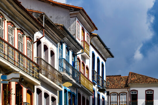 Typical colonial architecture of houses in the historic city of Ouro Preto in Minas Gerais.