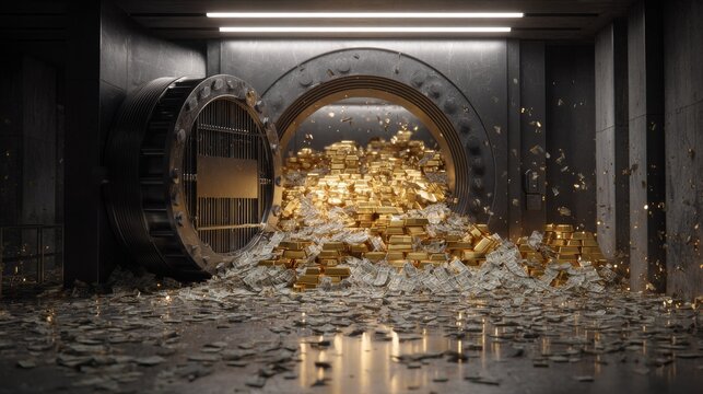 Open bank vault with gold and silver coins spilling out