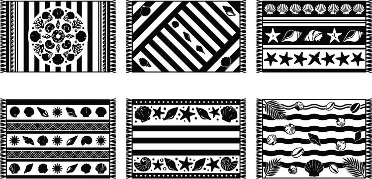 Vector pattern set with shell motifs and striped borders for textiles and backgrounds