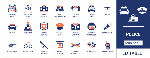 Police Law Enforcement Vector Icon Set. Public Safety Security Officer Detective Handcuffs Fingerprint Scan Forensic Crime Scene Police Car Uniform Helicopter Badge Template. © MAHADI