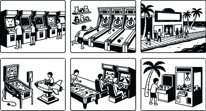 Arcade game hall scenes in retro vector art with machines and players
