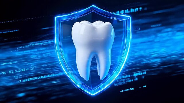 Blue glowing shield surrounding white tooth with digital data streams