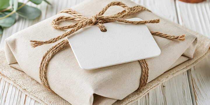 Elegant Wrapped Gift with Blank Tag and Natural Twine on Wooden Surface