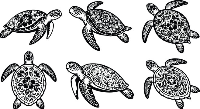 Ornate floral pattern sea turtles in black and white vector art