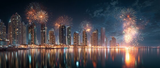 Spectacular fireworks display over city skyline at night with reflections © Adi