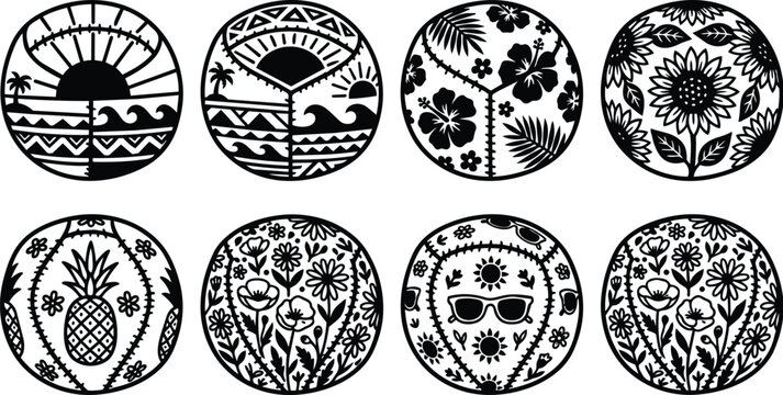 Vector art set of decorative tropical circle patterns with floral hibiscus pineapple