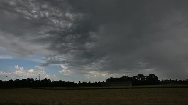 Time lapse of well-defined, wave-like structures in the underside of a rain shower, asperitas clouds.