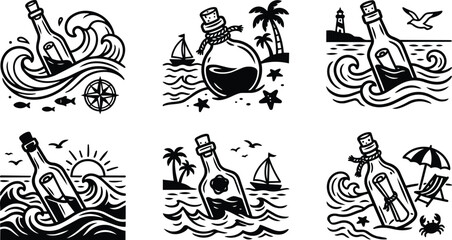 Fototapeta premium Bold black and white vector bottle sea scene illustration with waves and palm