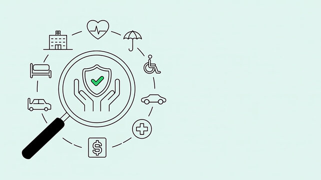 Insurance coverage concept with magnifying glass focusing on security shield surrounded by health, home, life, and auto protection icons