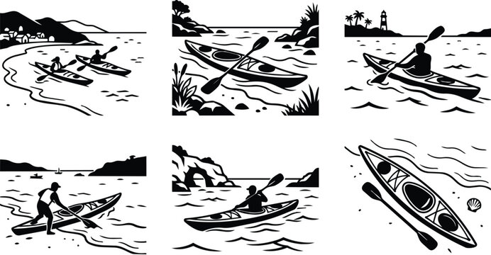 Kayak water scene collage with anglers on waves and shoreline