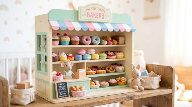 A wooden toy bakery stand with a sign that reads 'The Tiny Treats Bakery' and various pastries and cookies on shelves.