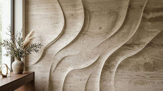 Sculptural Travertine Wave Wall Texture in Modern Quiet Luxury Interior Design