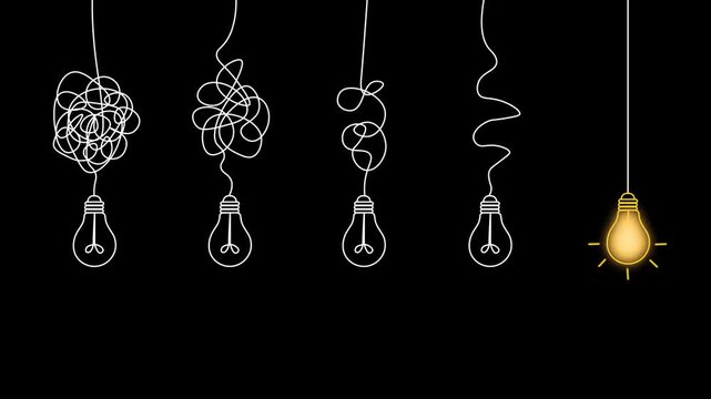 Creative Concept From Chaos To Clarity Glowing  Light Bulb . Minimal animation of Five Hanging Light Bulbs Representing The Transformation From Confusion To Clarity. Idea process and success path 