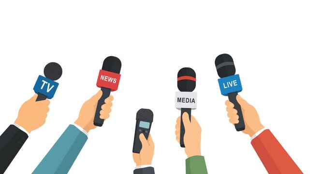 Flat Design Animation Of Journalists Hands Holding Multiple Microphones During A Press Conference. Clean Media Reporting Concept of News Coverage, Broadcasting, Interviews with Camera flashes effect