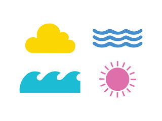 Fototapeta premium Nature icon illustration collection featuring cloud, water waves, ocean waves, sun, colorful minimal design, and weather symbols