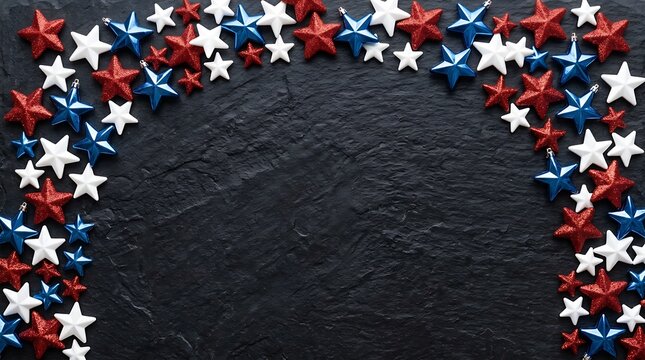 Close up of scattered red white and blue stars on dark textured background