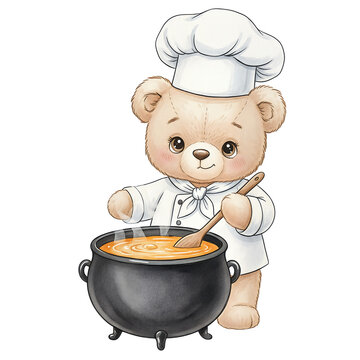 Teddy Bear Chef Cooking Soup in Cauldron Illustration