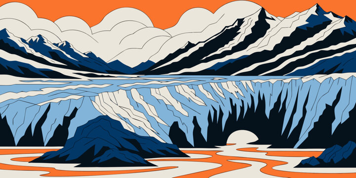 Illustration of a mountain range with a cave and a river flowing through it under a cloudy sky mountain illustration landscape crevasse pinnacle topography geography cartography insignia