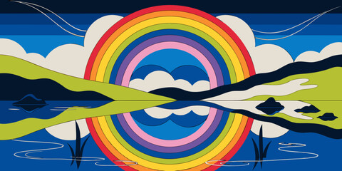 Naklejka premium Rainbow with multiple colors and clouds reflected in a calm body of water reflection colorful spectrum phenomenon atmosphere landscape beautiful picturesque peaceful tranquil relaxing
