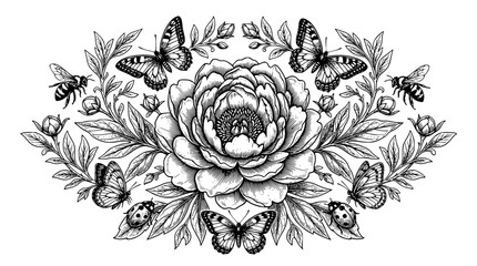 peony flower, butterfly illustration, bee and flower, floral composition, black and white peony, ladybug art, garden flowers, pollinators, detailed floral engraving, nature line art, hand drawn outlin © ahmed