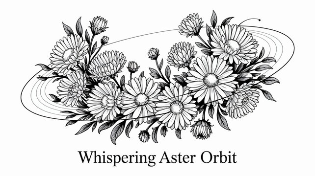 Floral ornament with aster and bud details a black and white vector illustration on a white background flower