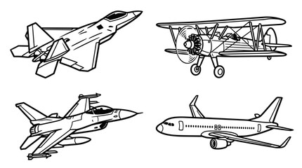 Set of Four Airplane Illustrations: Jet, Biplane, Fighter, Airliner © Wilujeng Graphic