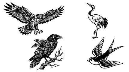 Obraz premium Tribal Tattoo Birds Collection: Eagle, Raven, Crane, Swallow