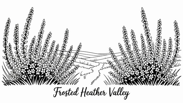Detailed Botanical Line Illustration Of Heather Plants And Rolling Hills Landscape calluna ericaceae floral art black white monochrome