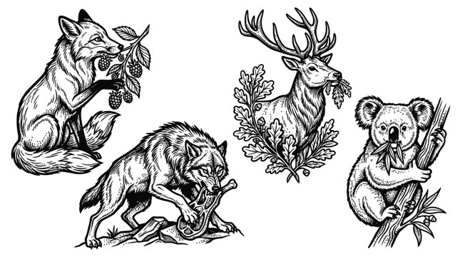 Forest Animals Emblematic Illustration: Fox, Wolf, Deer, Koala
