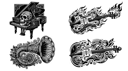 Vintage Music Symbols: Skull Piano, Burning Violin, Gramophone, Abstract Violin © Wilujeng Graphic